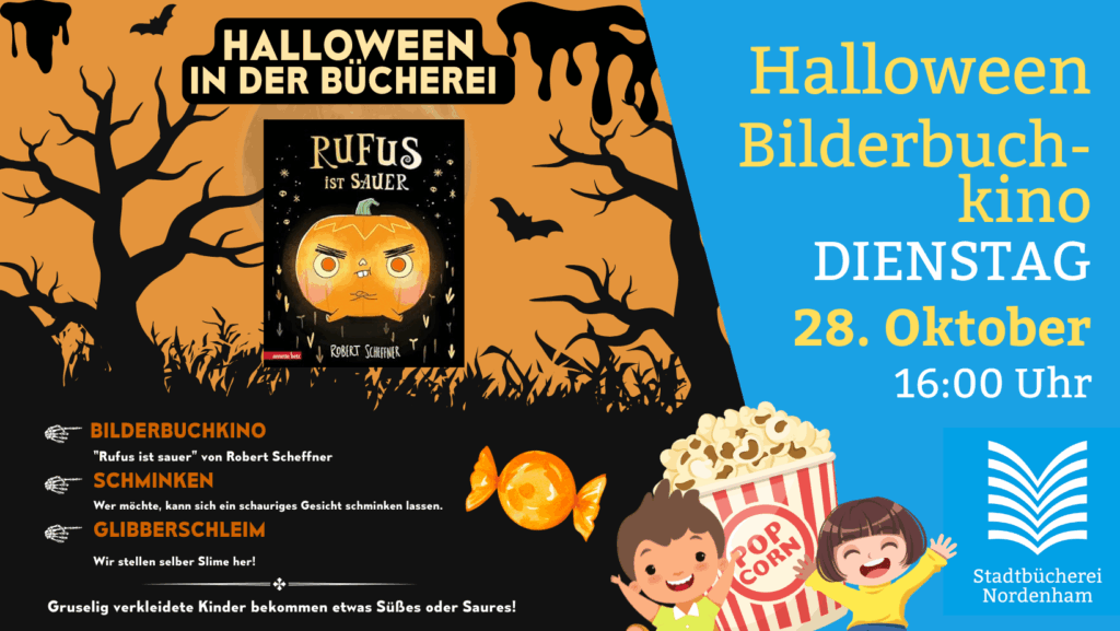 Halloween in der Bücherei mit Bilderbuchkino "Rufus ist sauer" am 28.Oktober 2025 um 16.00 Uhr.