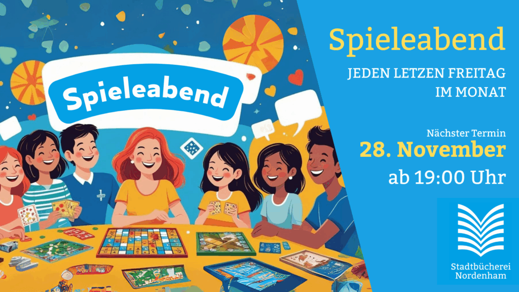 Spieleabend. Kostenlos. Ohne Anmeldung. Jeden letzten Freitag im Monat ab 19:00 Uhr. Aktueller Termin 28.11.2025.