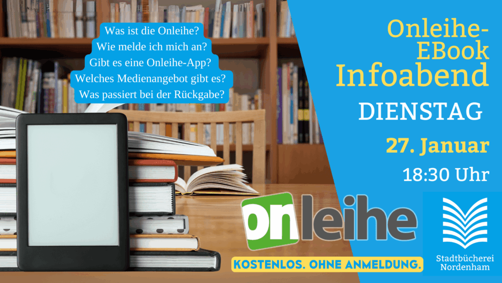 Onleihe E-Book Infoabend in der Stadtbücherei Nordenham am 27. Januar 2026 um 18:30 Uhr. Kostenlos. Ohne Anmeldung.
