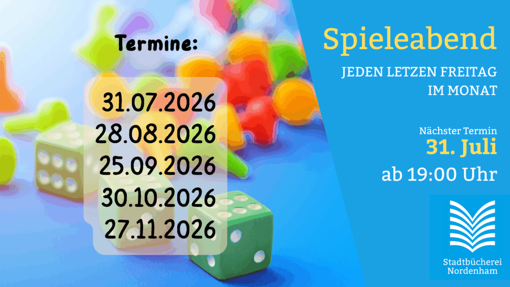 Spieleabend in der Stadtbücherei am 31. Juli 2026. Kostenlos. ohne Anmeldung.